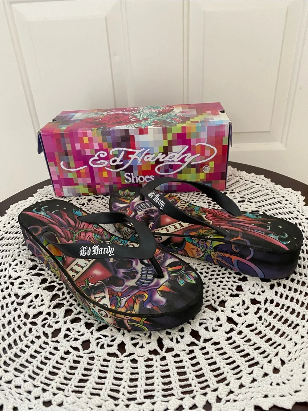Ed Hardy Black Multicolor Tattoo-Print Wedge Sandals